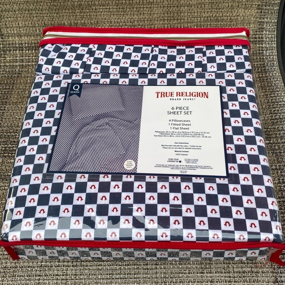 True Religion Blue Red White Plaid Polyester QUEEN Sheet Set 6pc - Picture 6 of 12